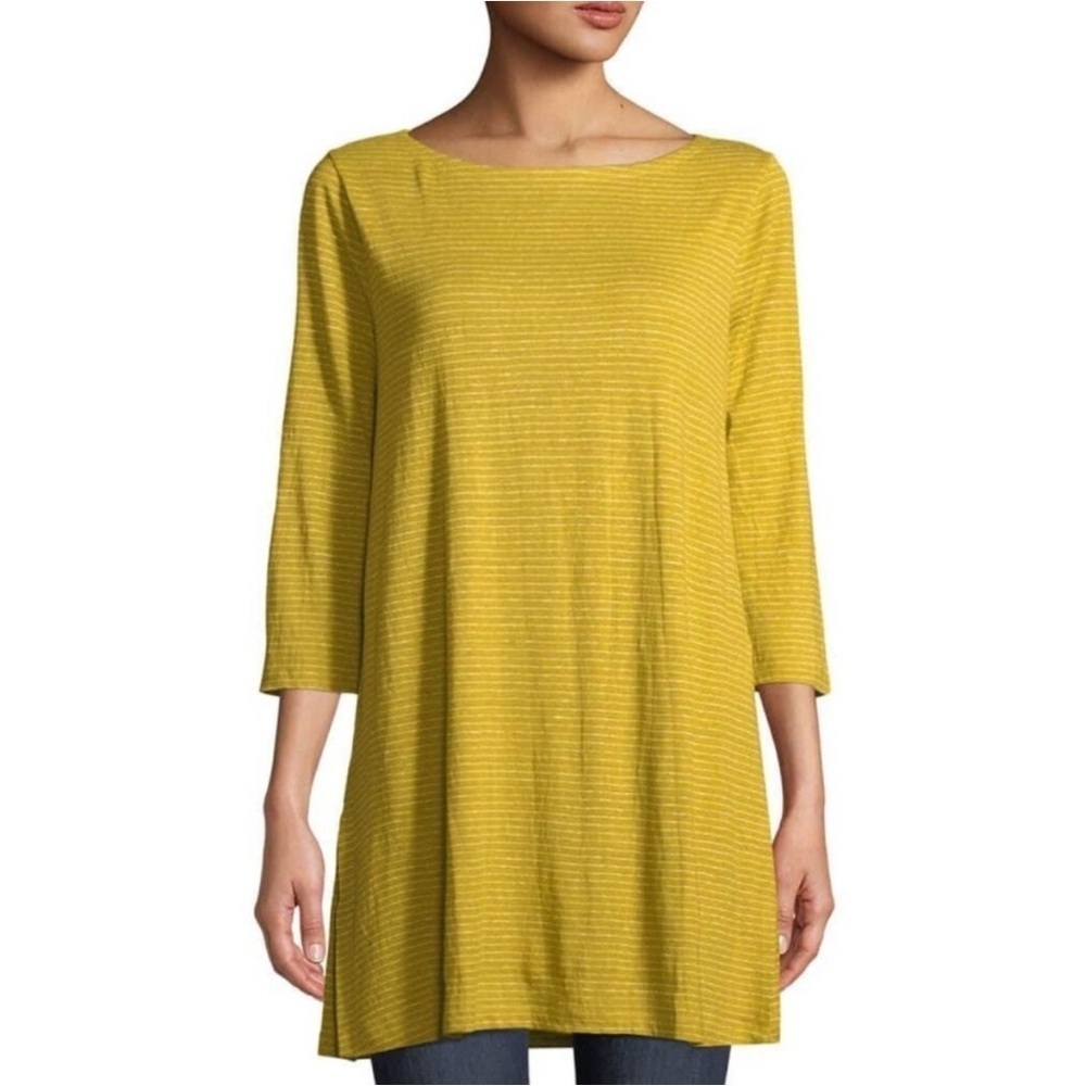 Eileen Fisher Ministripe Mustard Linen Tunic Top Small